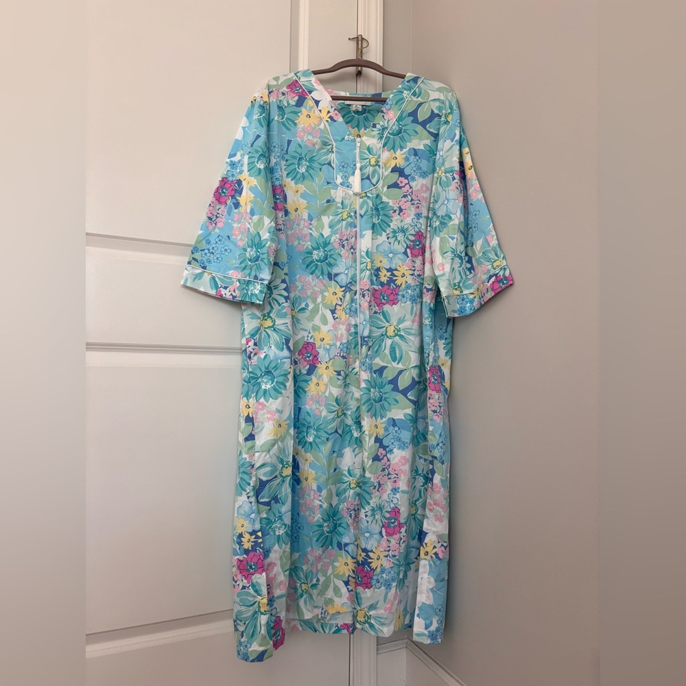 Miss Elaine House Coat Robe Nightgown Floral Zip Front Cotton Vibrant sz 3X NWOT